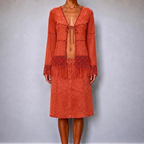 American Vintage Dresses & Skirts - RARE 70s Italian Coral 100% Suede Fringe Two Piece Boho Western Set Size M
